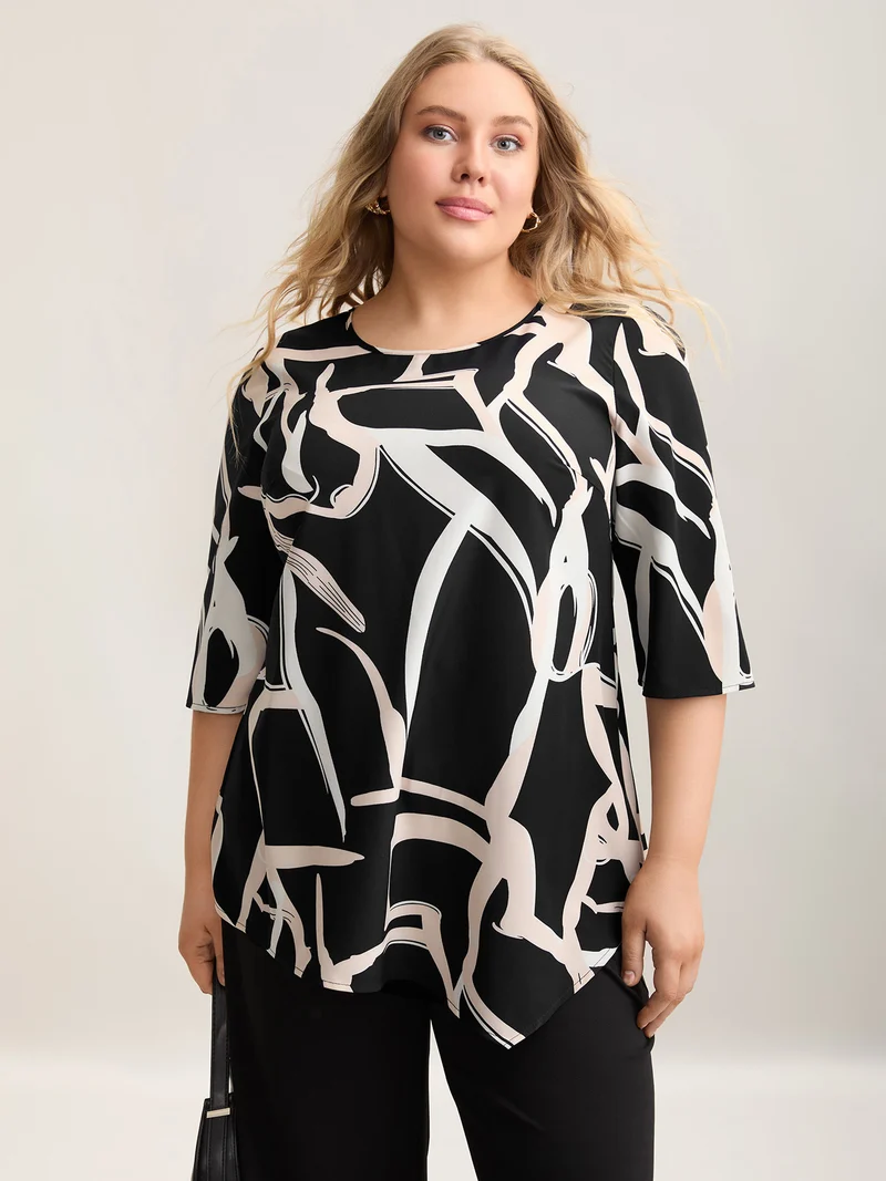 Asymmetrical Line Print Hi Low Hem Blouse