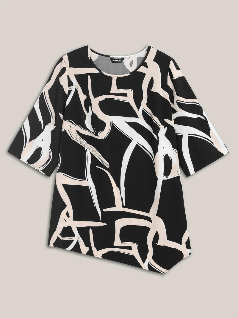 Asymmetrical Line Print Hi Low Hem Blouse
