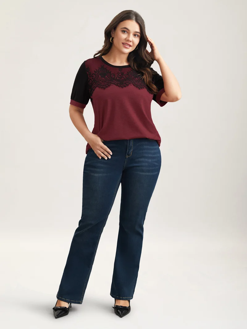 Stretchy Scalloped Lace Color Contrast T-Shirt