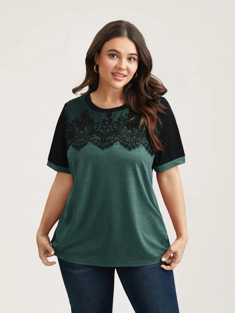 Stretchy Scalloped Lace Color Contrast T-Shirt