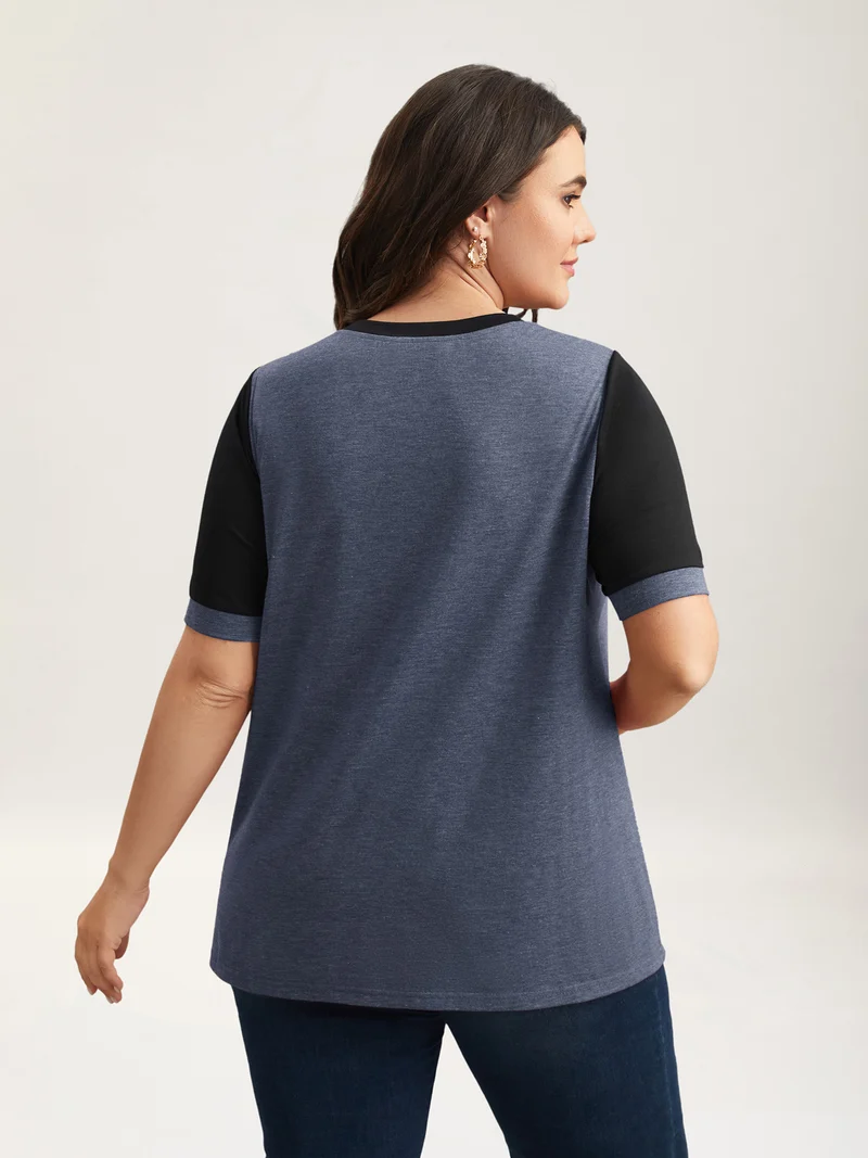 Stretchy Scalloped Lace Color Contrast T-Shirt