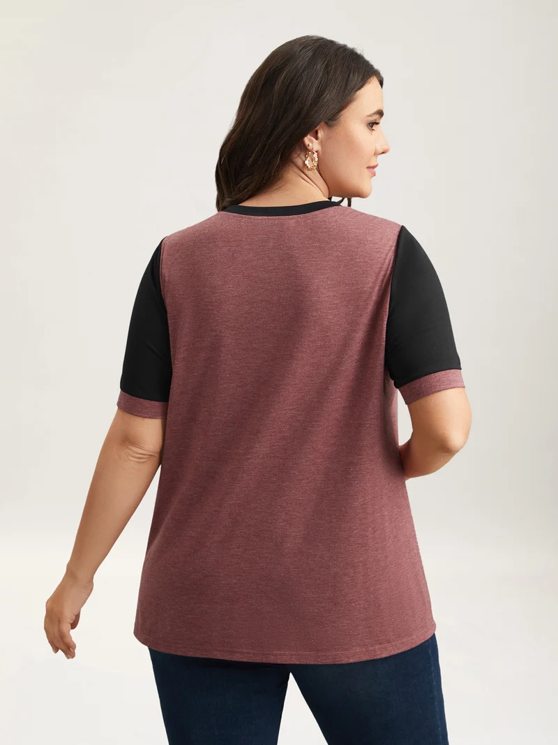 Stretchy Scalloped Lace Color Contrast T-Shirt
