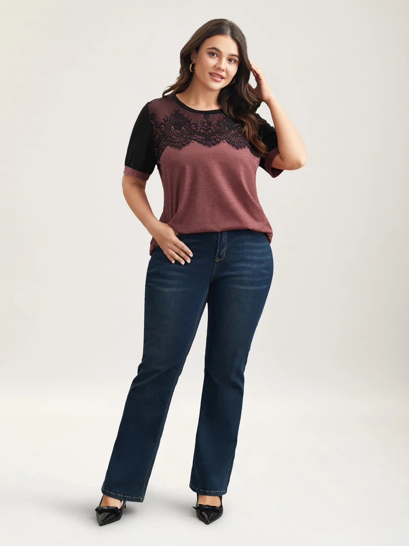 Stretchy Scalloped Lace Color Contrast T-Shirt