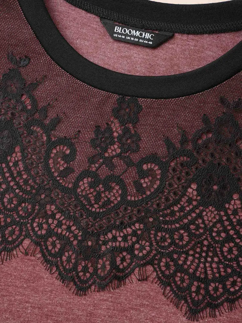 Stretchy Scalloped Lace Color Contrast T-Shirt