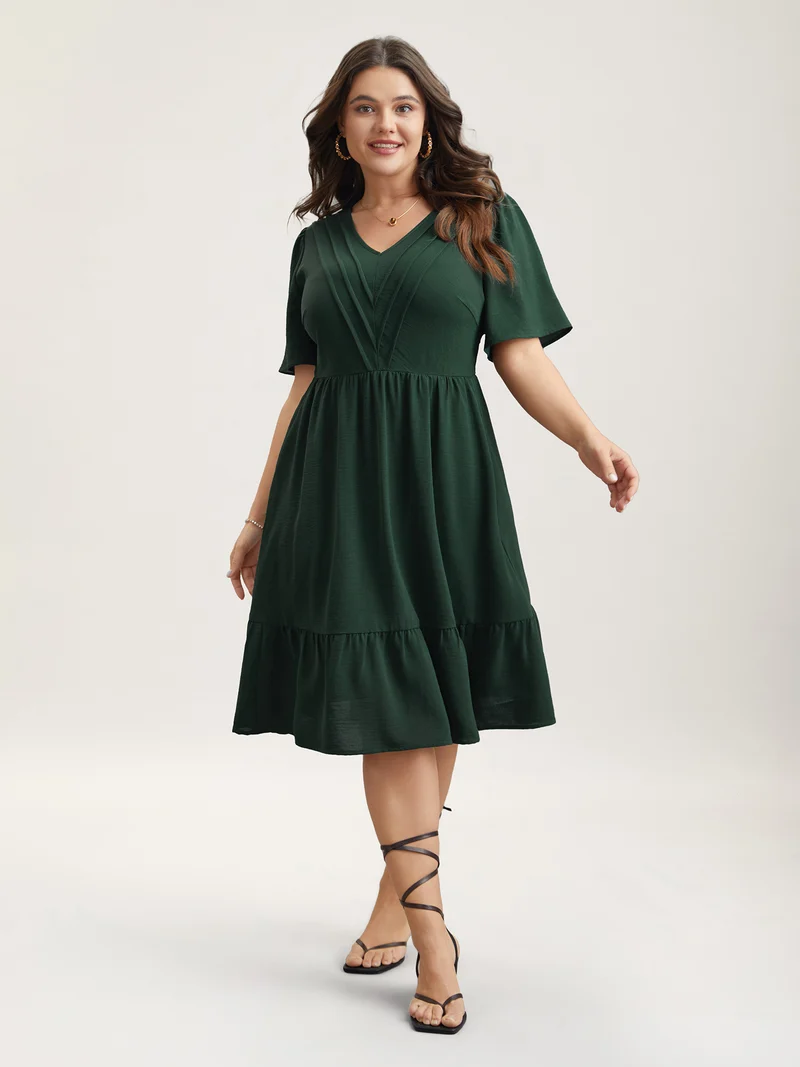Bib-Front V-Neck Pockets Tiered Midi Dress