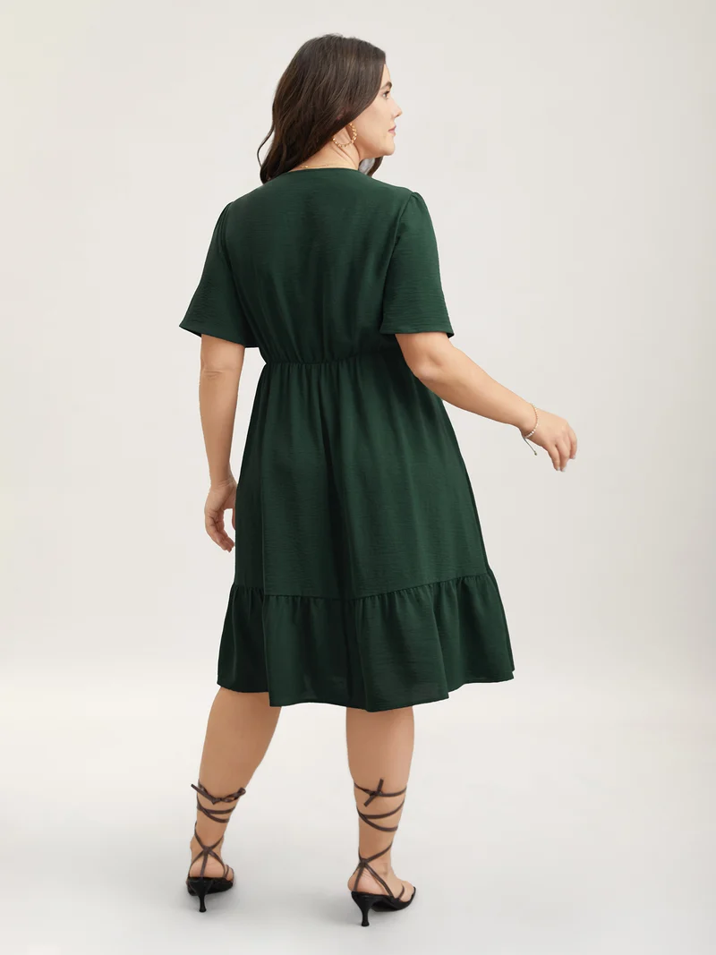 Bib-Front V-Neck Pockets Tiered Midi Dress