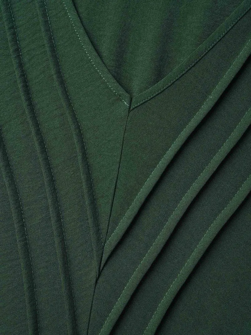 Bib-Front V-Neck Pockets Tiered Midi Dress