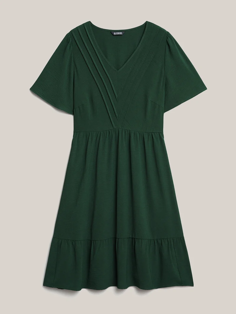 Bib-Front V-Neck Pockets Tiered Midi Dress