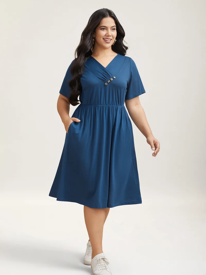 Button Detail Pleated Pockets Midi Dress