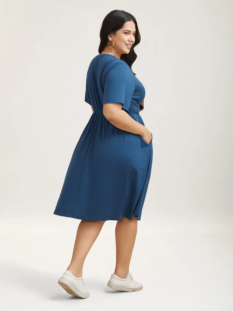 Button Detail Pleated Pockets Midi Dress