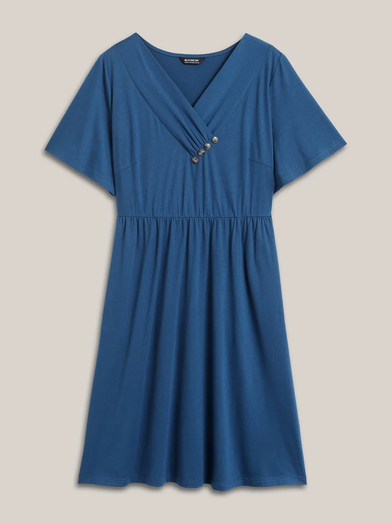 Button Detail Pleated Pockets Midi Dress