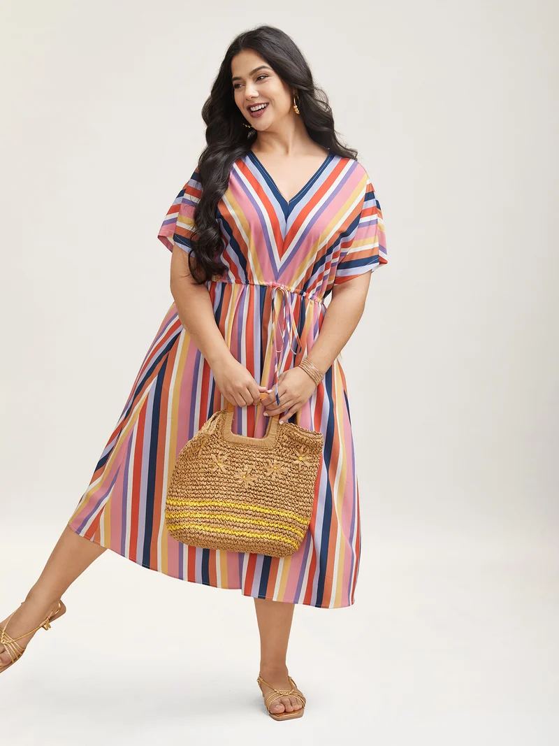 Striped Waist Tie V-Neck Midi Dress