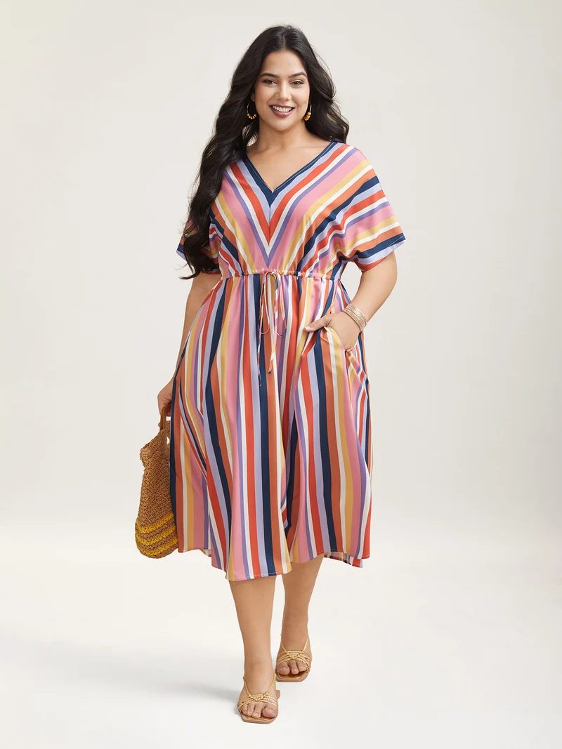 Striped Waist Tie V-Neck Midi Dress