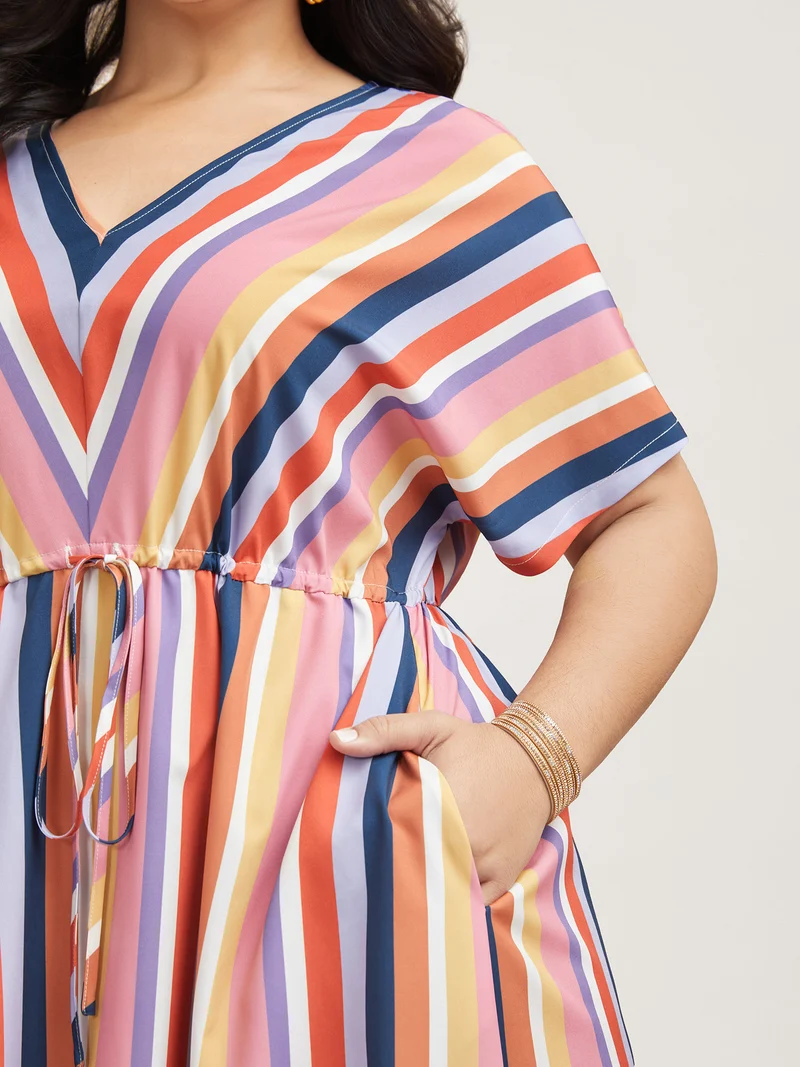 Striped Waist Tie V-Neck Midi Dress