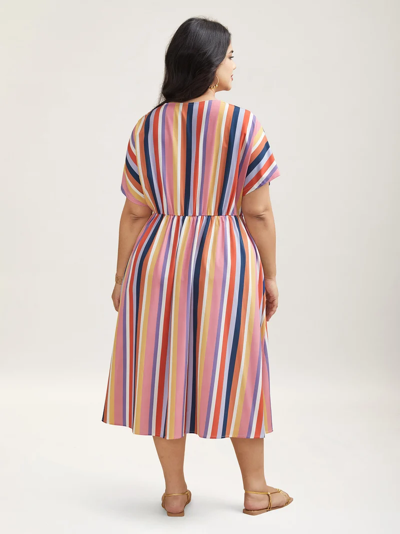 Striped Waist Tie V-Neck Midi Dress