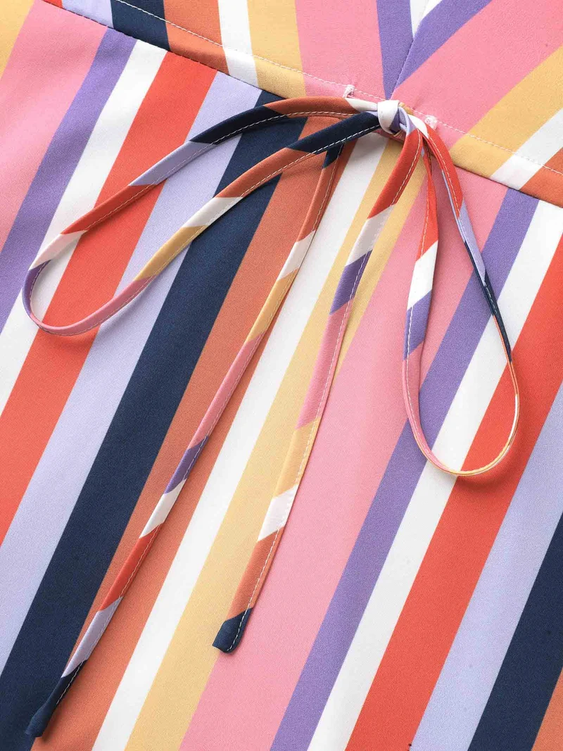 Striped Waist Tie V-Neck Midi Dress