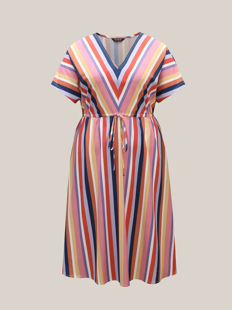 Striped Waist Tie V-Neck Midi Dress