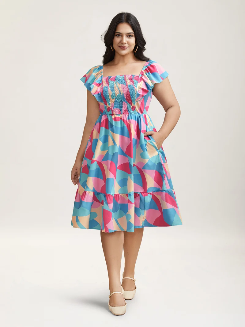 Flutter Sleeve Color Block Shirred Stretchy Midi Dress