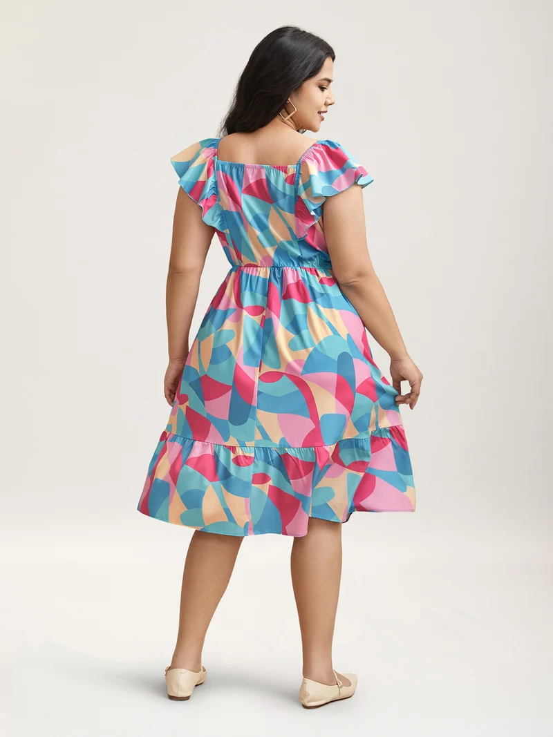 Flutter Sleeve Color Block Shirred Stretchy Midi Dress