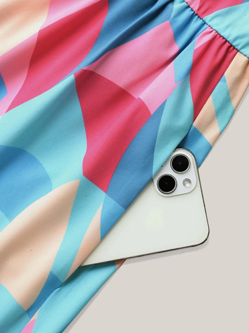 Flutter Sleeve Color Block Shirred Stretchy Midi Dress