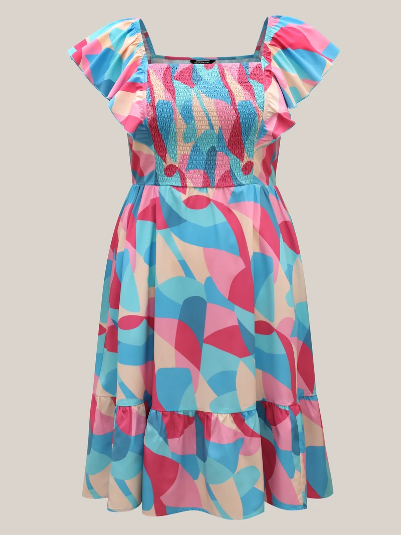 Flutter Sleeve Color Block Shirred Stretchy Midi Dress