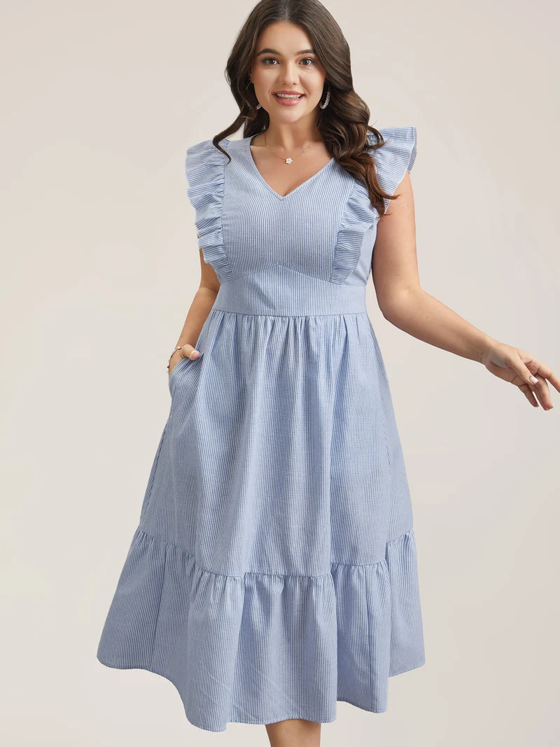 Ruffled Striped Print Triangular Waist Midi Dress