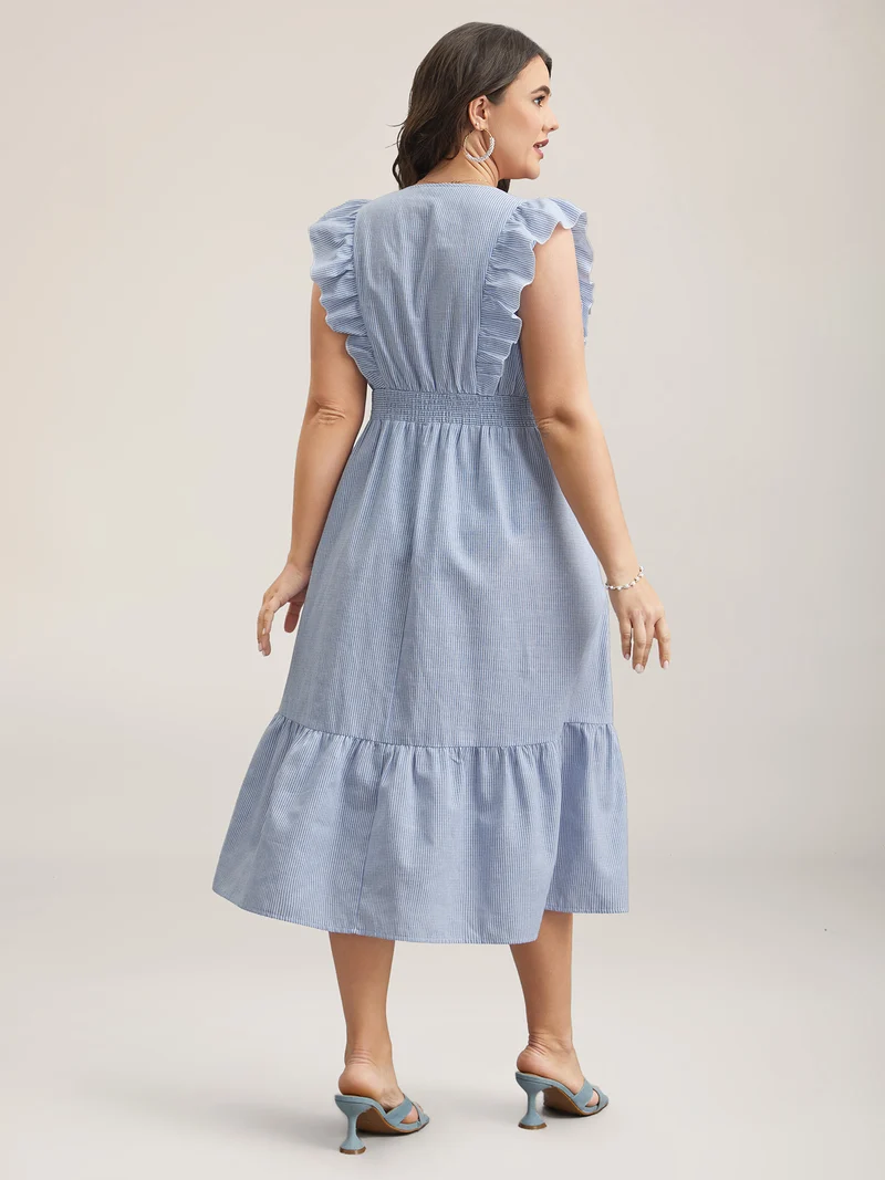 Ruffled Striped Print Triangular Waist Midi Dress