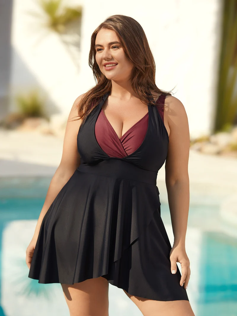 Color-Block Tied Surplice Neck Layered Swim Dress