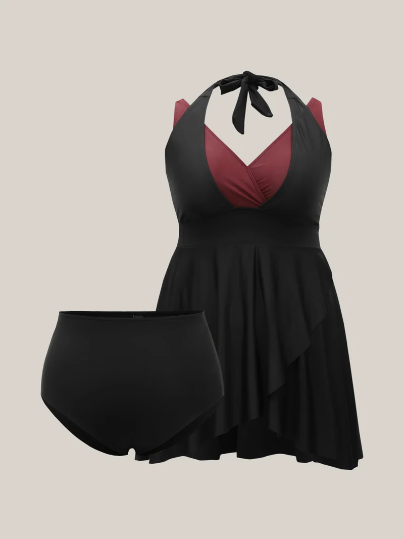 Color-Block Tied Surplice Neck Layered Swim Dress