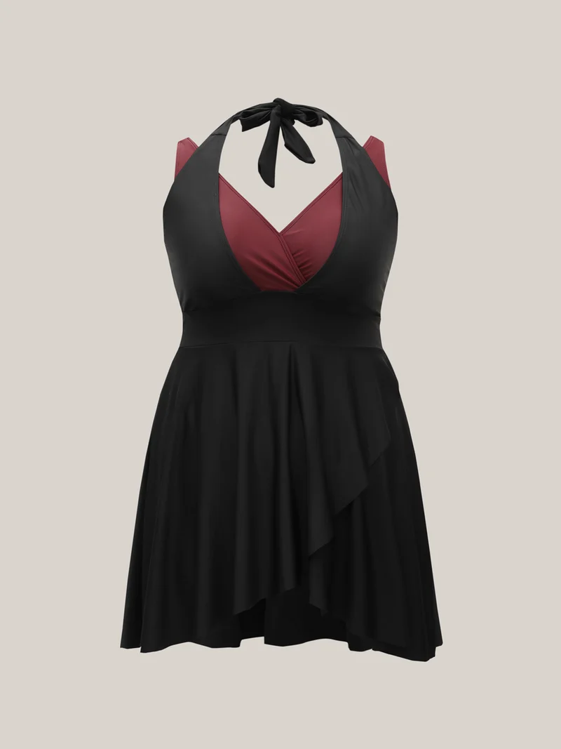 Color-Block Tied Surplice Neck Layered Swim Dress