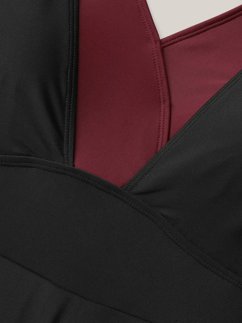 Color-Block Tied Surplice Neck Layered Swim Dress