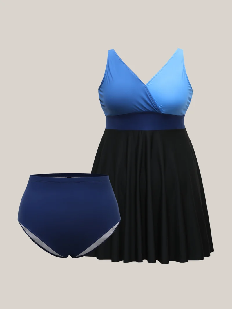 Color-Block Surplice Neck Adjustable Swim Dress