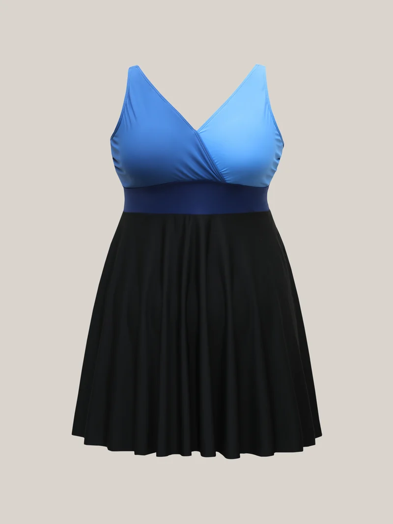 Color-Block Surplice Neck Adjustable Swim Dress