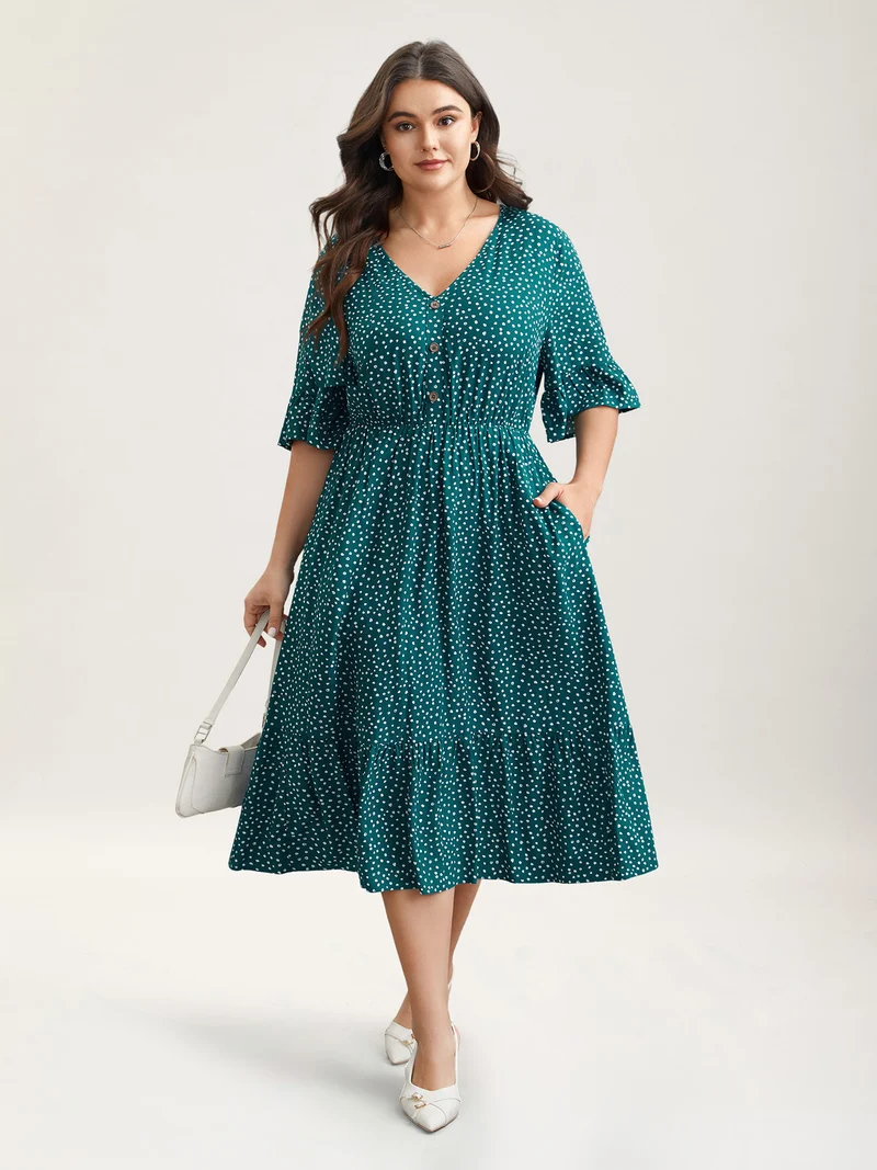 Button Detail Front Tiered Ruffle Sleeve Midi Dress