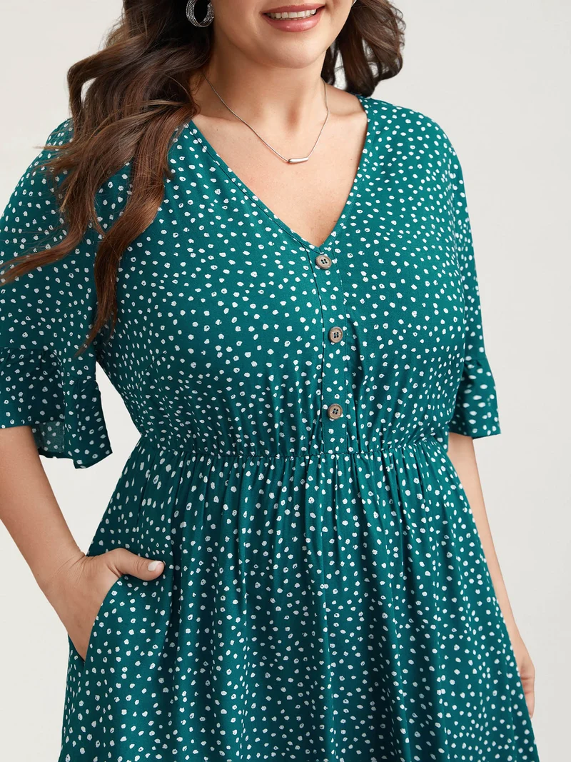 Button Detail Front Tiered Ruffle Sleeve Midi Dress