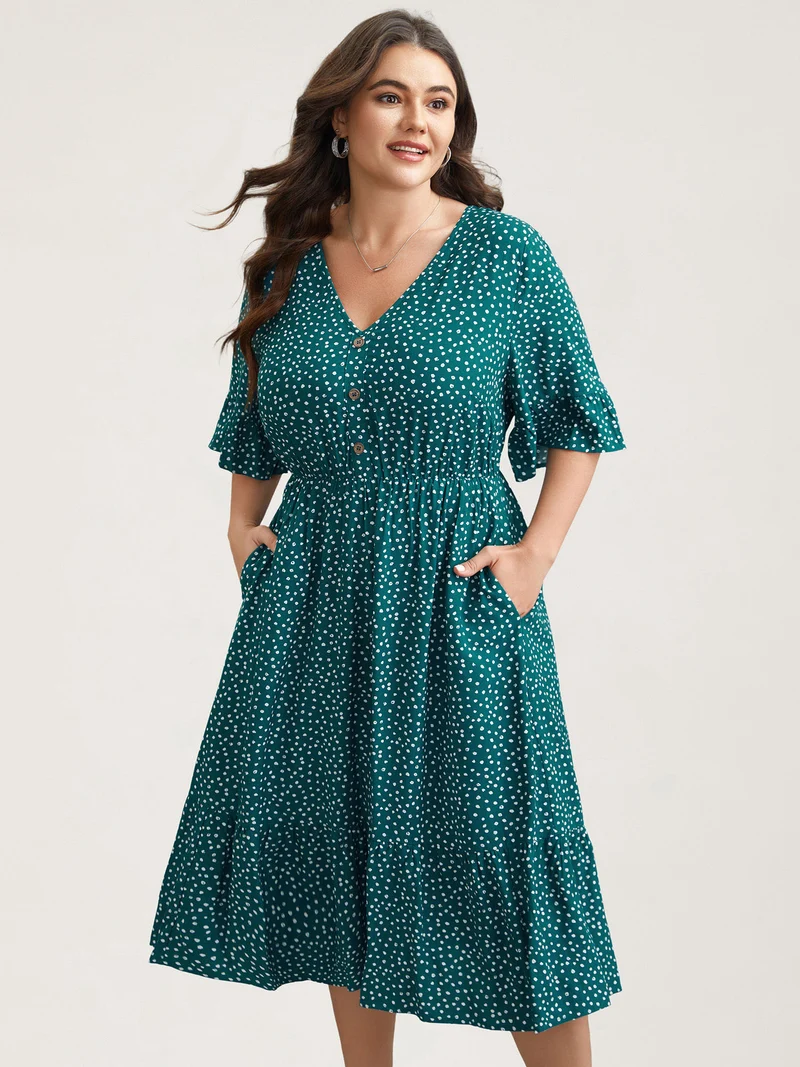 Button Detail Front Tiered Ruffle Sleeve Midi Dress