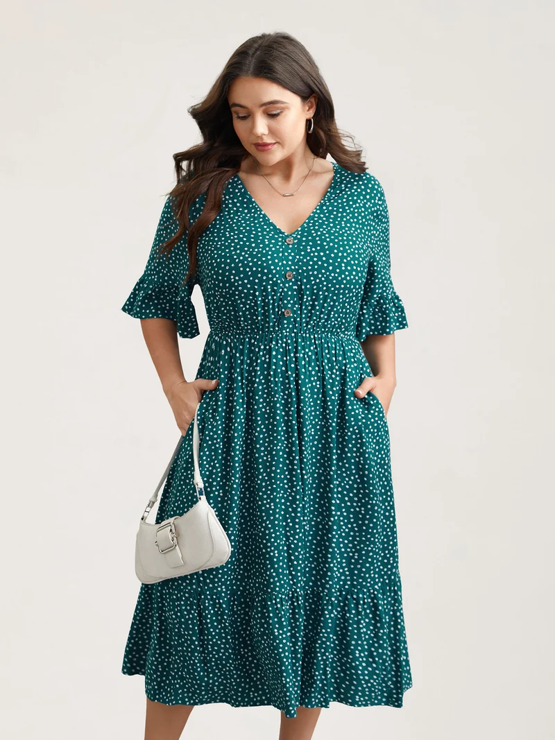 Button Detail Front Tiered Ruffle Sleeve Midi Dress