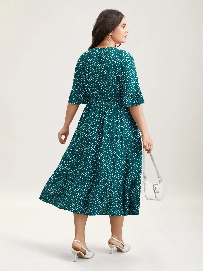 Button Detail Front Tiered Ruffle Sleeve Midi Dress