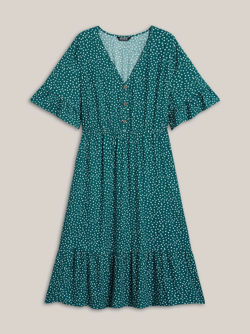 Button Detail Front Tiered Ruffle Sleeve Midi Dress