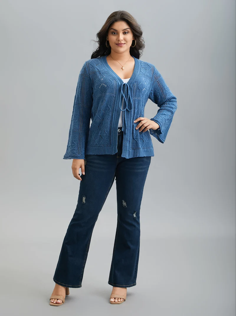 Front-Tie Textured Eyelet Knit Cardigan