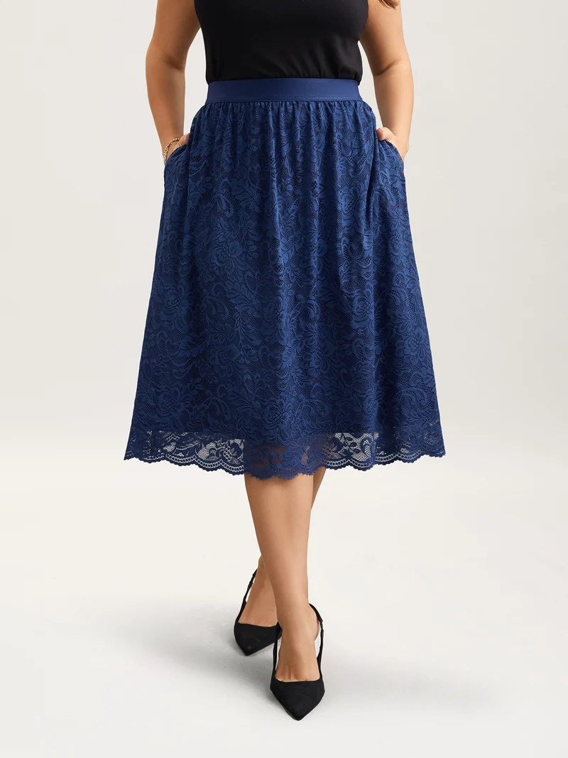 Stretchy-Waist Pleated Lace Midi Skirt