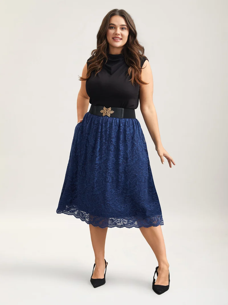 Stretchy-Waist Pleated Lace Midi Skirt