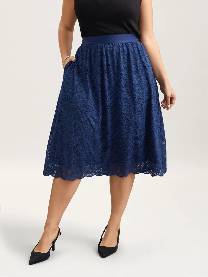 Stretchy-Waist Pleated Lace Midi Skirt