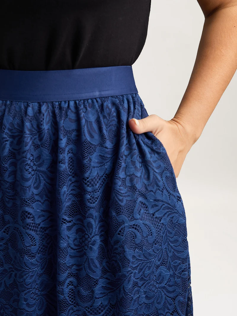 Stretchy-Waist Pleated Lace Midi Skirt