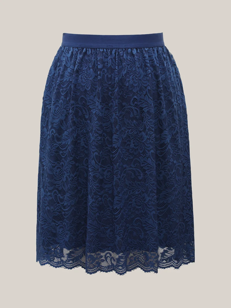 Stretchy-Waist Pleated Lace Midi Skirt