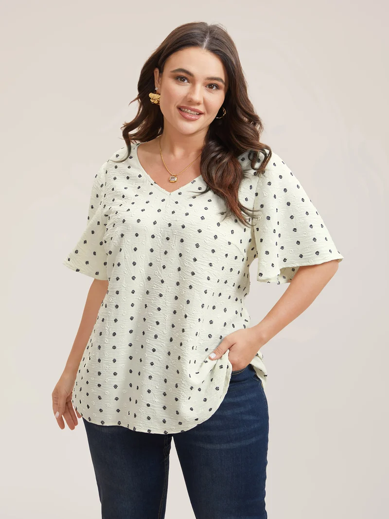 Textured Polka Dot Print Flared Sleeve Shirt