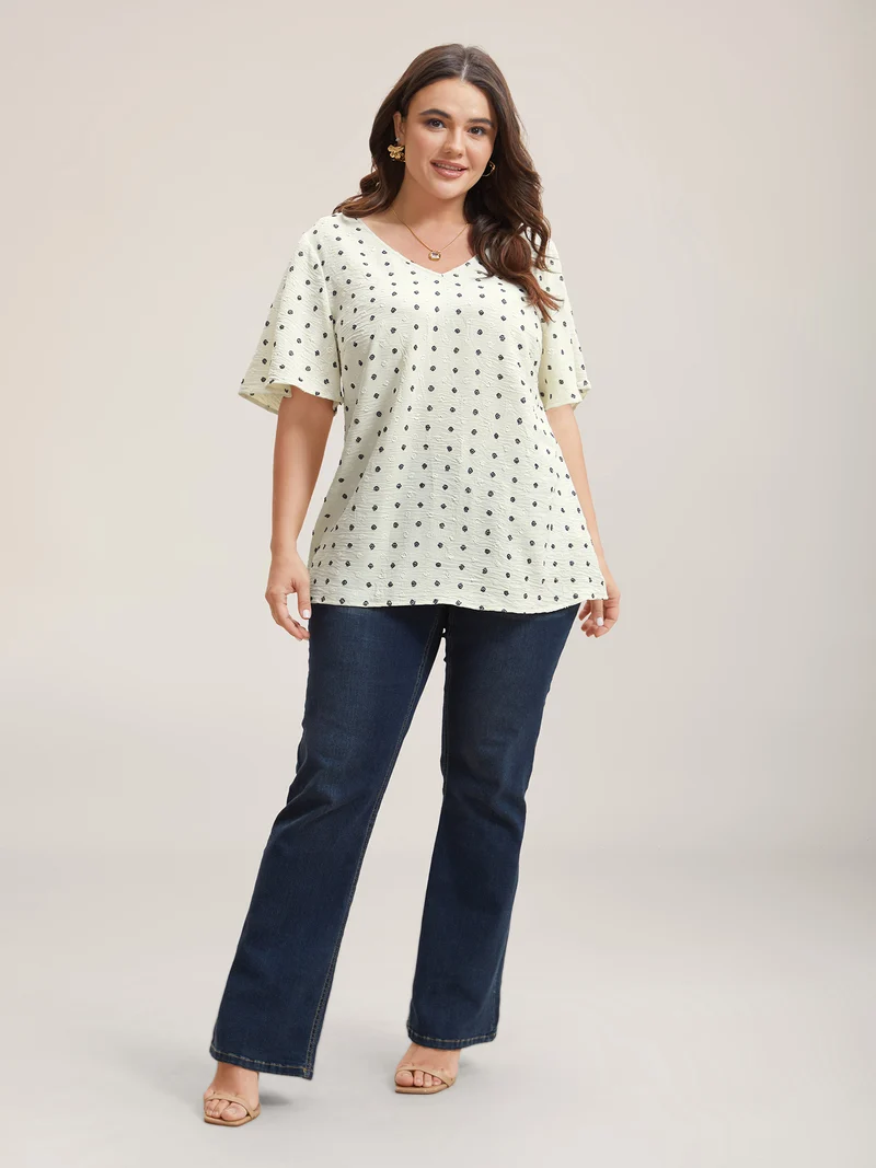 Textured Polka Dot Print Flared Sleeve Shirt