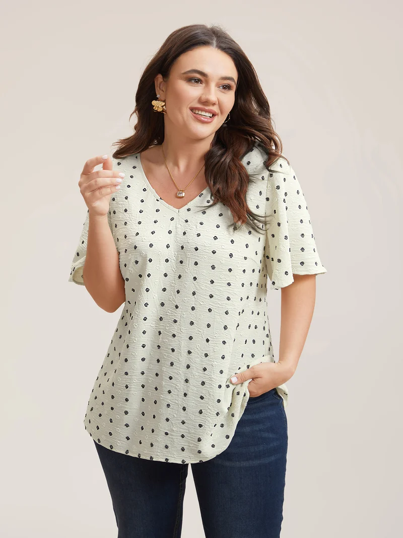 Textured Polka Dot Print Flared Sleeve Shirt