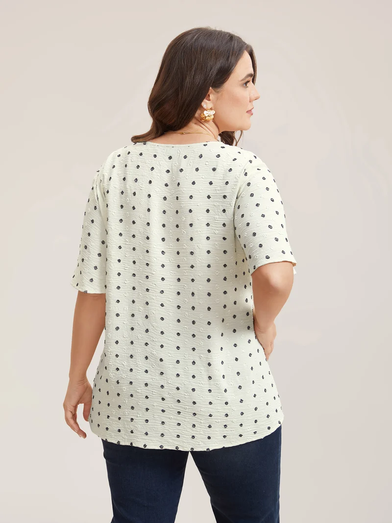 Textured Polka Dot Print Flared Sleeve Shirt