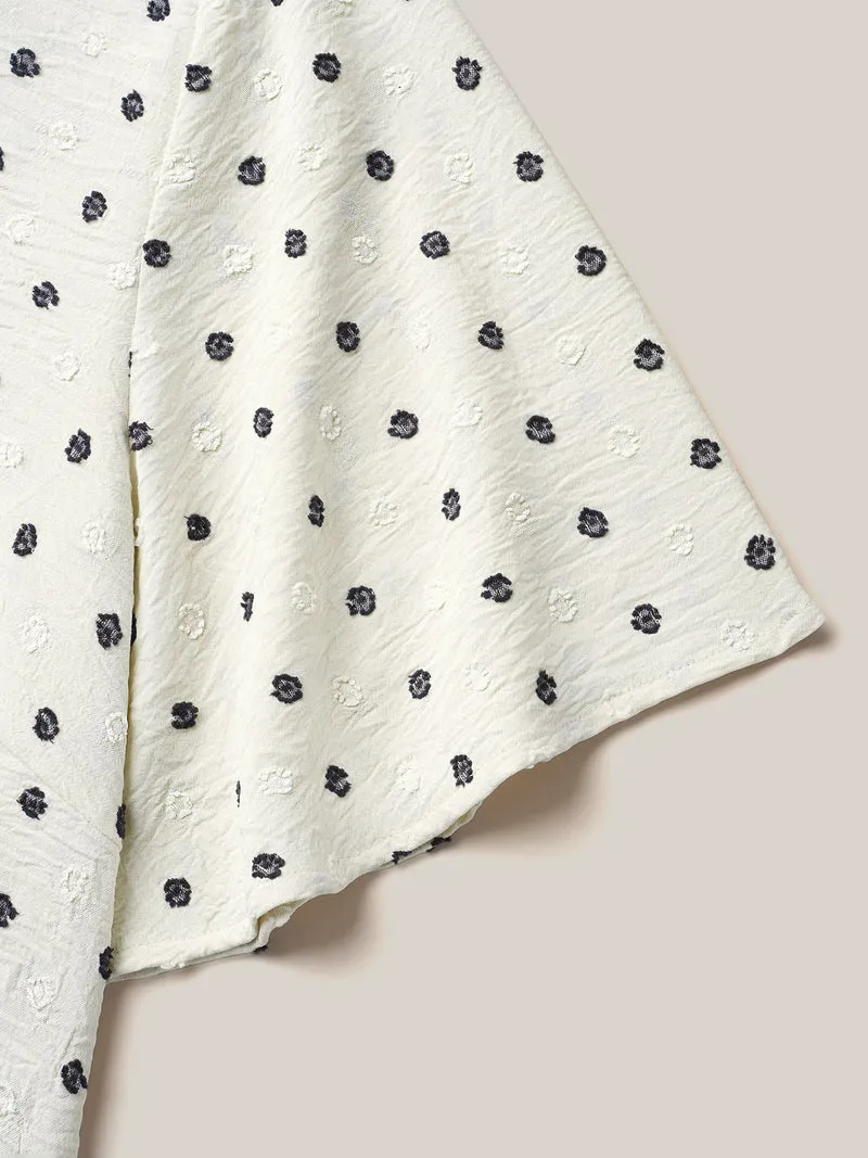 Textured Polka Dot Print Flared Sleeve Shirt